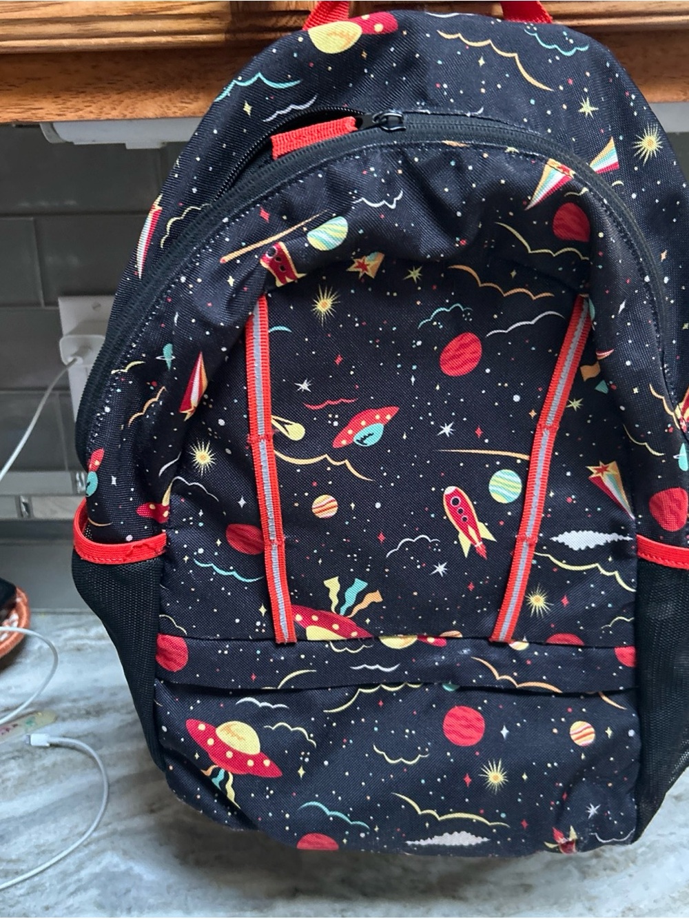 Lands End Classmate Kids Backpack  Light Weight Black Rockets & Spaceships Boys.